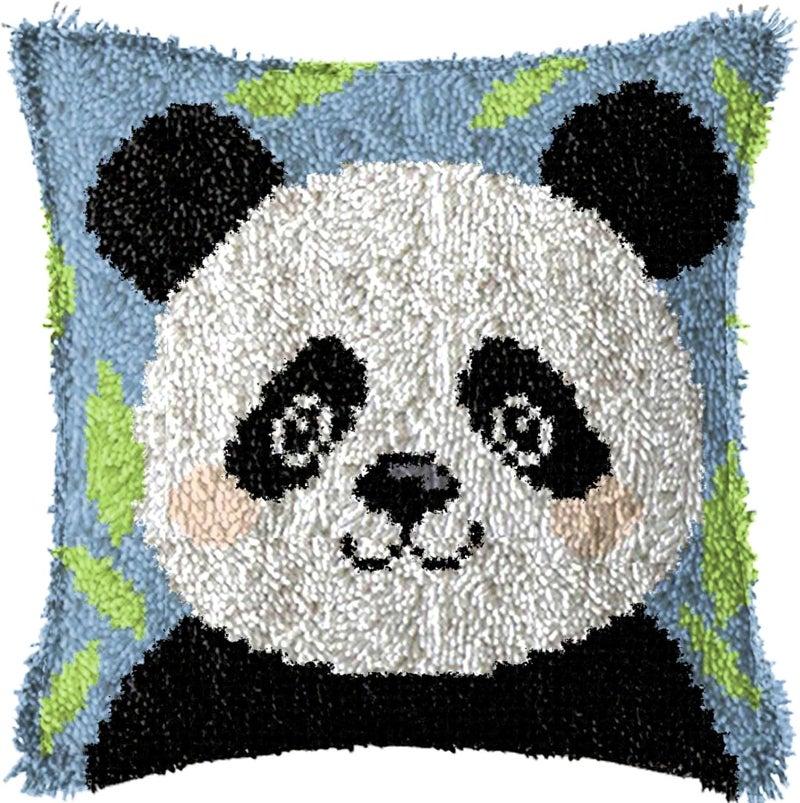 GemJelry Latch Hook Kits for Adults Kids DIY Panda Pillow Cover Beginner Cross Stitch Kits with Preprinted Canvas Crochet Yarn Kits Creative Hand Craft Home Decoration 17'' X 17'' - Image 1